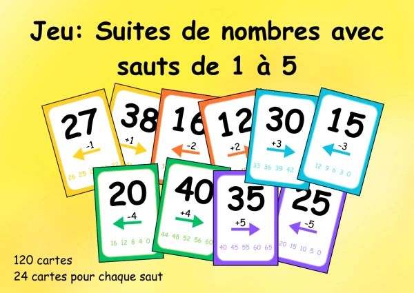 Cartes: Suites de nombres avec sauts de 1 à 5