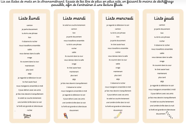 Liste de mots et phrases 4H entraînement