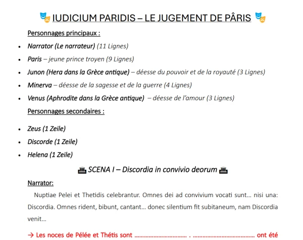 Latin - pièce de théâtre - Jugement de Pâris
